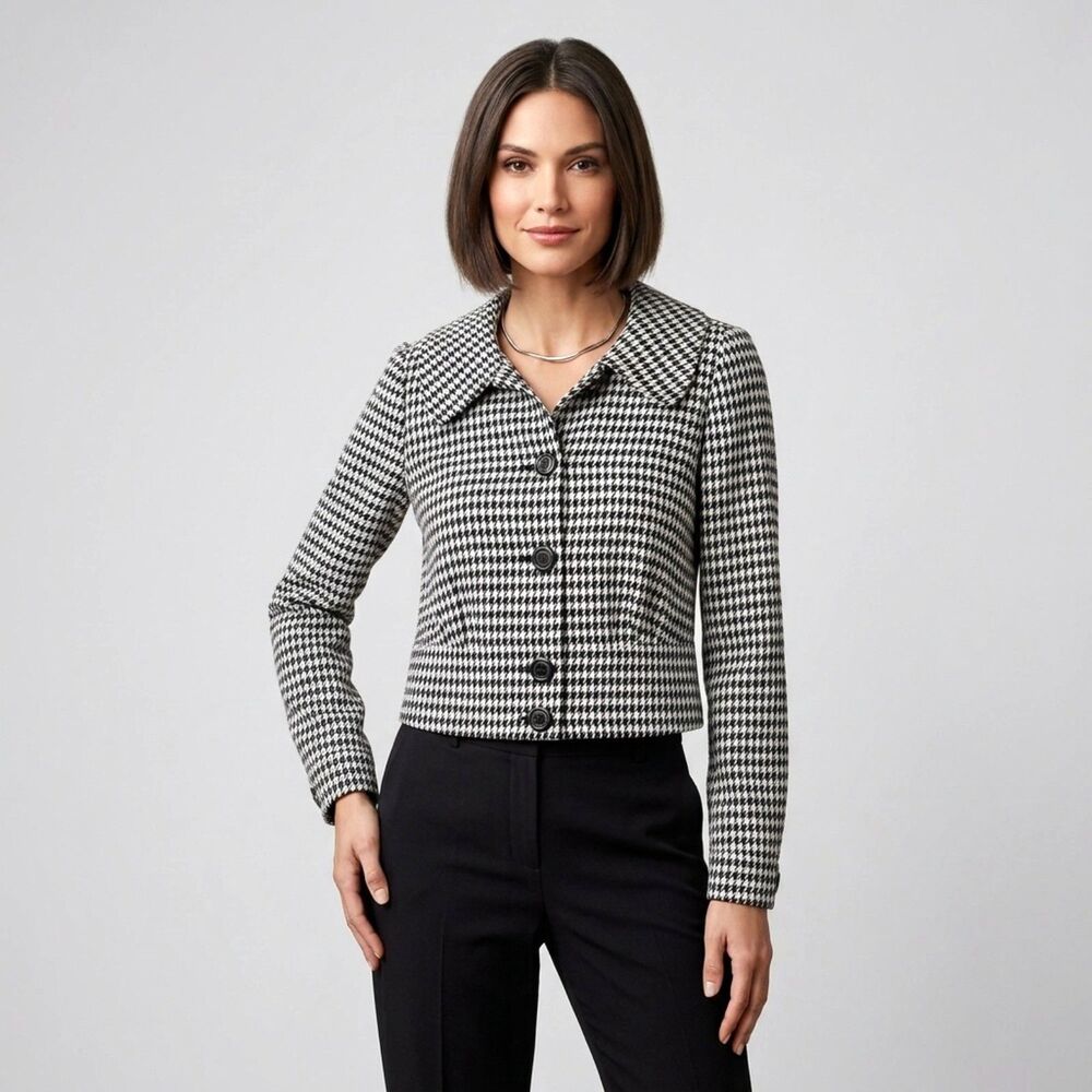 Worthington NWT Houndstooth Crop Blazer Jacket Size M Black White Button Front
